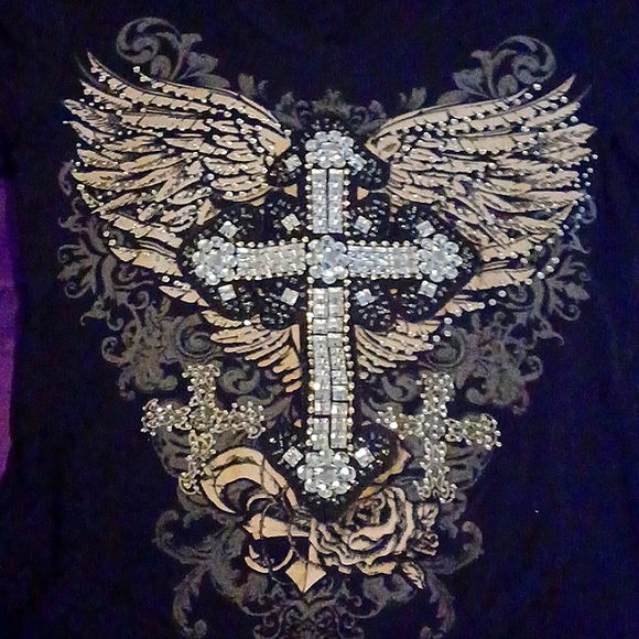 From Los Angeles Bus Stop Black V-neck with Applique Cross design - Picture 3 of 7